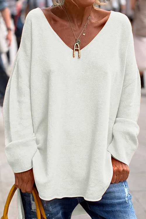Kathiadress Solid Color V-Neck Long Sleeve Loose Casual Top