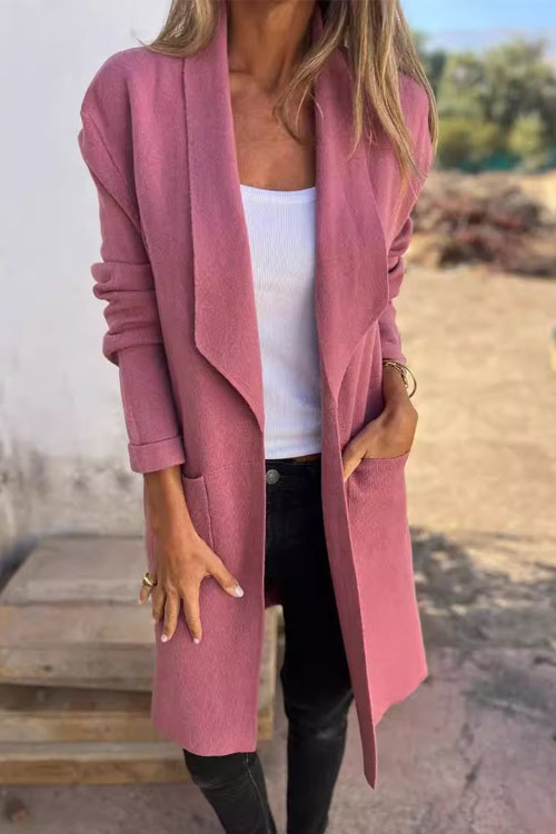 Kathiadress Lapel Solid Color Pocket Wool Cardigan Coat