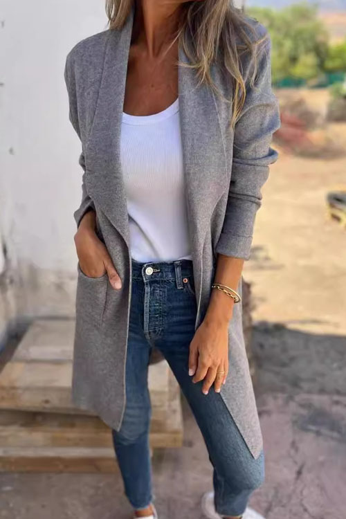 Kathiadress Lapel Solid Color Pocket Wool Cardigan Coat