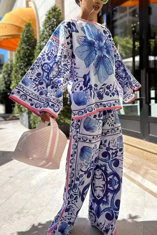 Kathiadress  Blue and White Porcelain Print Top and Pants Casual Two-Piece Set