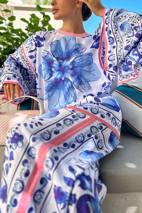 Kathiadress  Blue and White Porcelain Print Top and Pants Casual Two-Piece Set