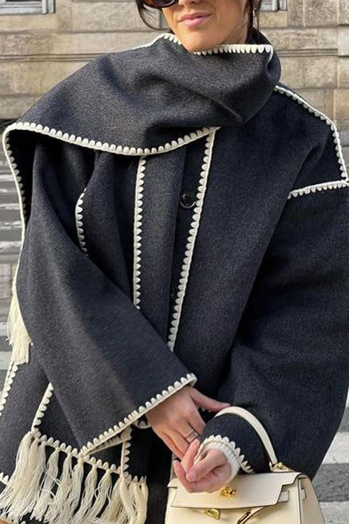 Kathiadress Thick Woolen Loose Coat and Tassel Scarf