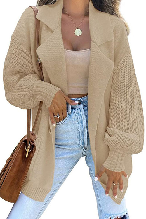 Kathiadress Solid Color Blazer Collar Knitted Cardigan Sweater