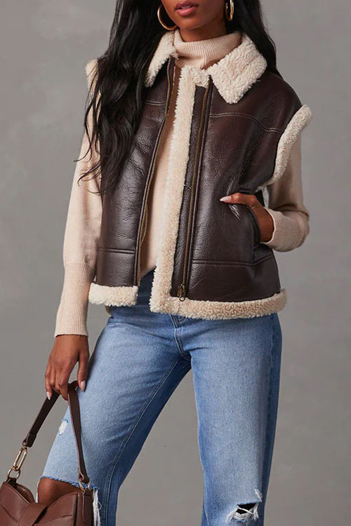 Kathiadress Casual Vest with Sherpa Fleece Patchwork Jacket