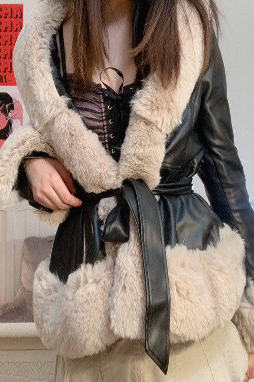 Kathiadress PU Leather Large Fur Collar Belted Waist Slim Fit Patchwork Design Coat
