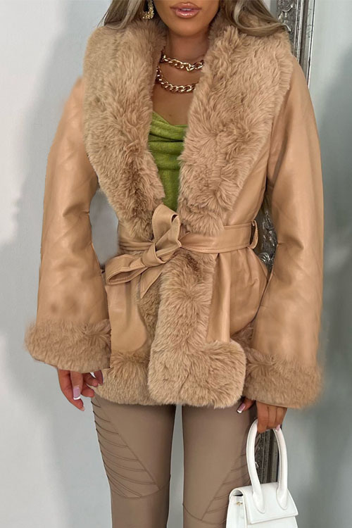 Kathiadress PU Leather Large Fur Collar Belted Waist Slim Fit Patchwork Design Coat