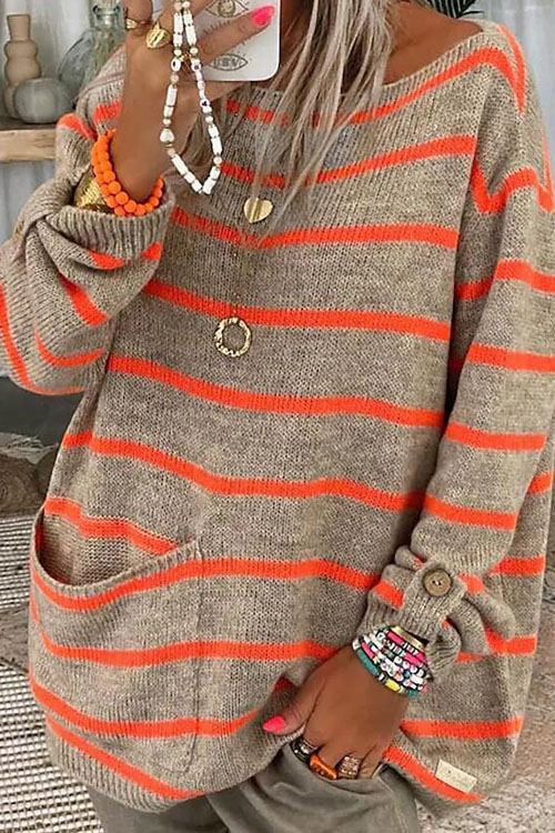 Kathiadress Solid Color Contrast Striped Pullover Crew Neck Oversized Sweater