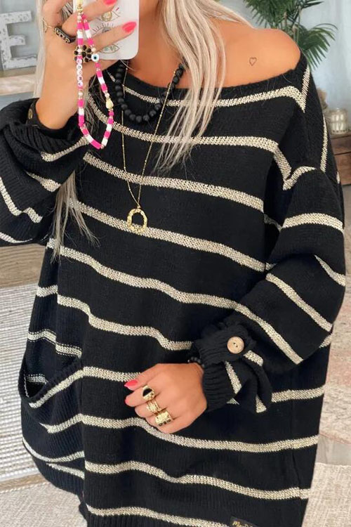 Kathiadress Solid Color Contrast Striped Pullover Crew Neck Oversized Sweater