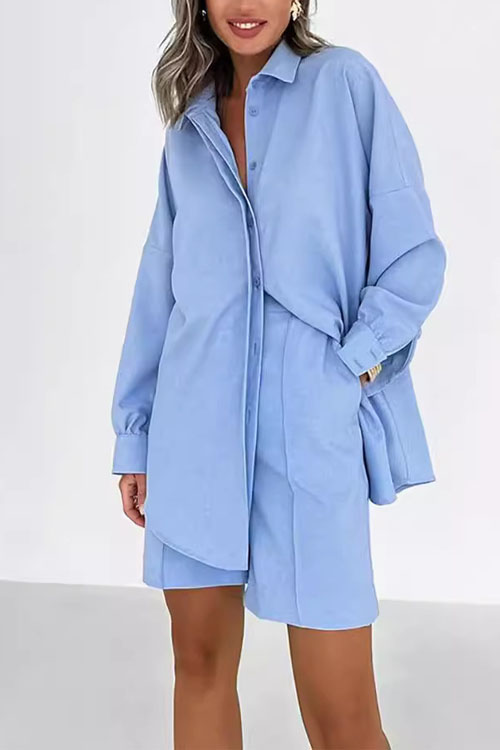 Kathiadress Casual Long Sleeve Shirt and Loose Shorts Two-piece Set