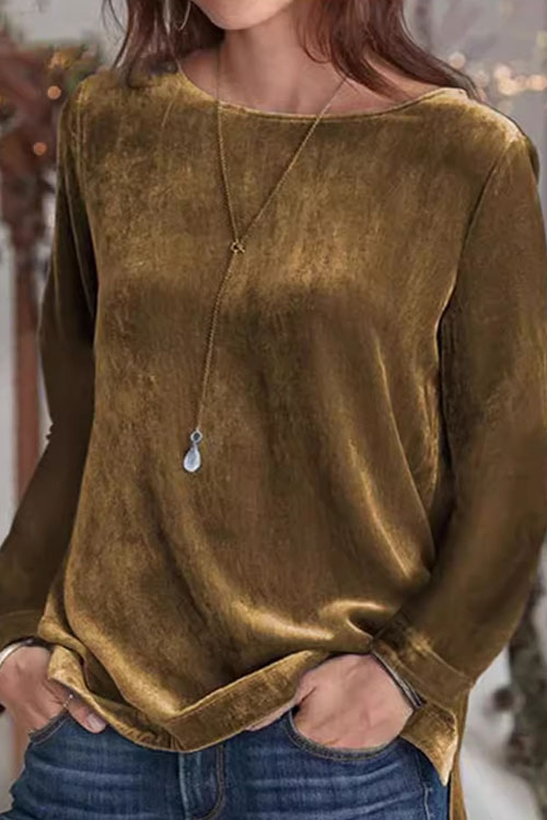 Kathiadress Solid Colour Casual Crew Neck Pullover Velvet Top