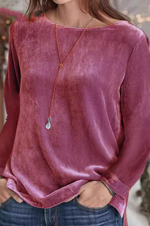 Kathiadress Solid Colour Casual Crew Neck Pullover Velvet Top