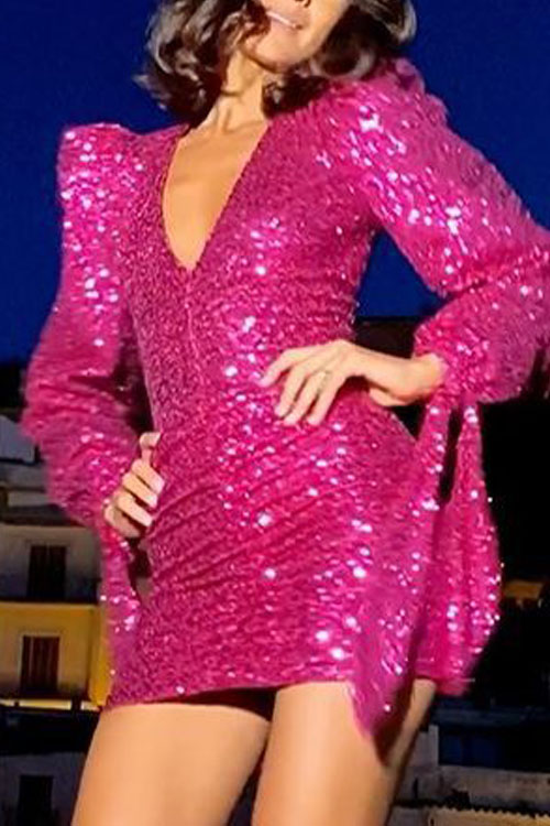 Kathiadress Ruffled Shiny Pink Deep V Sequin Dress
