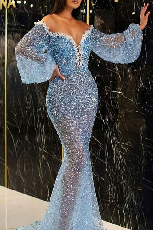 Kathiadress Elegant Gold-Speckled V-Neck Sheer Mermaid Evening Gown