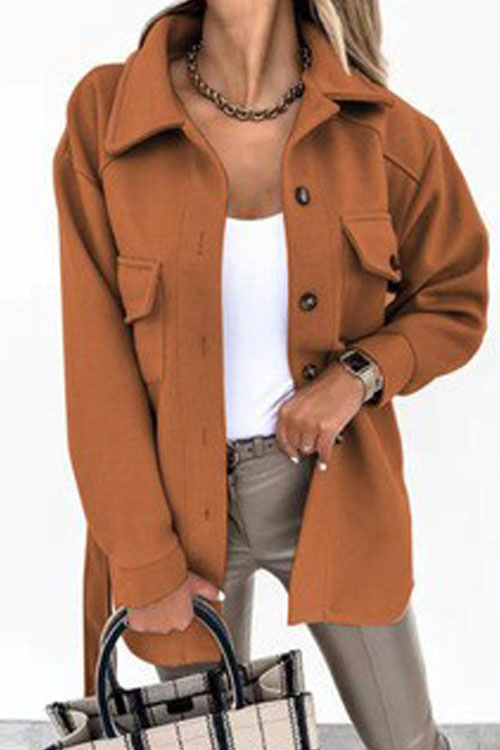 Kathiadress Elegant Solid Color Lapel Button Tie Wool Coat