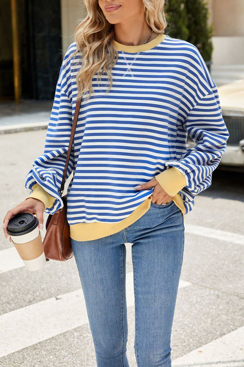 Kathiadress Striped Crewneck Color-block Loose Sweatshirt Jacket