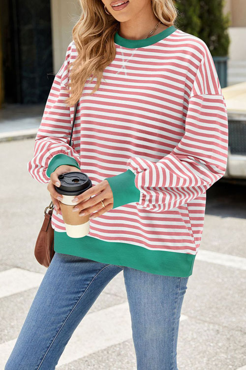 Kathiadress Striped Crewneck Color-block Loose Sweatshirt Jacket