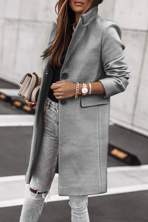 Kathiadress Simple Long-Sleeve Button Wool Coat