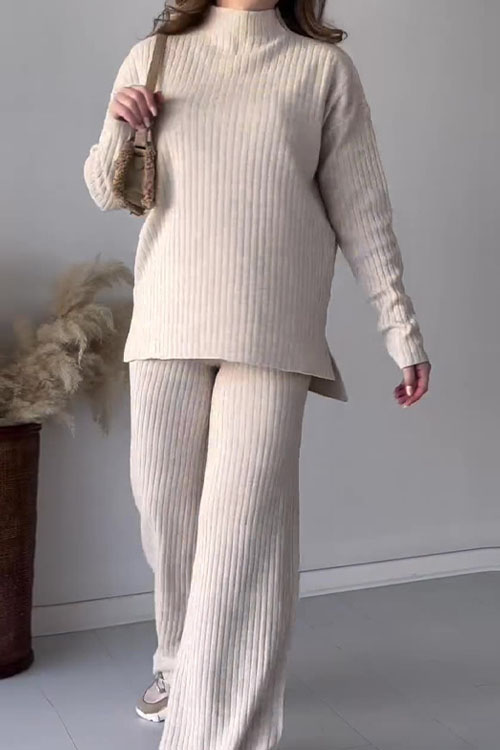 Kathiadress Solid Color Round-neck Casual Knit Sweater and Wide-leg Pants Two-piece Set