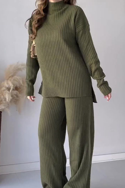 Kathiadress Solid Color Round-neck Casual Knit Sweater and Wide-leg Pants Two-piece Set