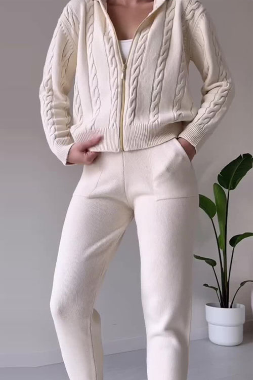Kathiadress Hemp pattern hooded zip-up top casual home two-piece suit