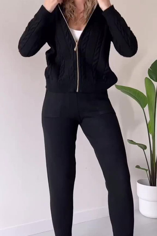 Kathiadress Hemp pattern hooded zip-up top casual home two-piece suit