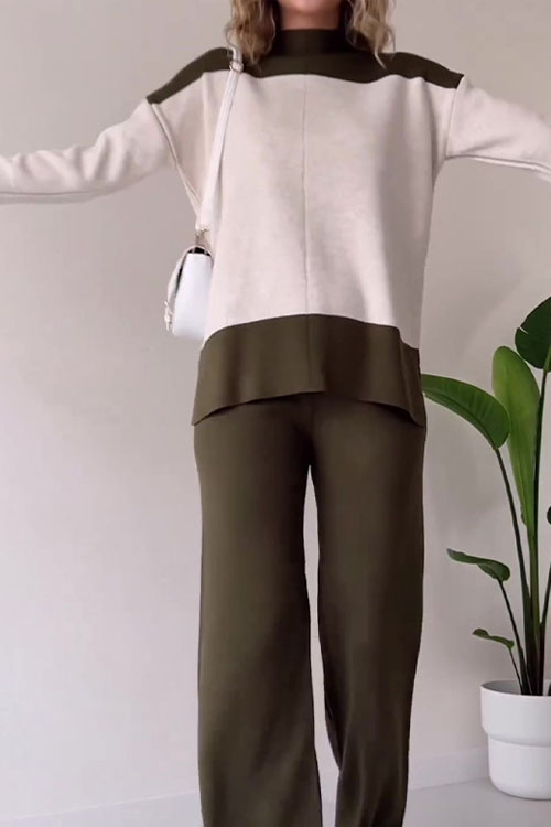 Kathiadress Fashion Patchwork Color Tops loose and Versatile Wide-leg Pants Suit