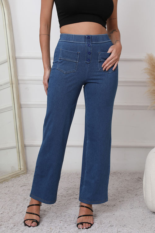 Kathiadress Casual High-Waisted Button Elastic Straight-Leg Pants