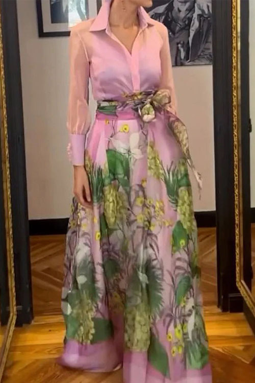 Kathiadress Elegant Printed Long-Sleeve Skirt Two-Piece Set 