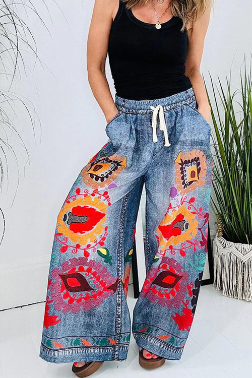 Kathiadress Drawstring Faux Denim Printed Pocket Loose Casual Pants