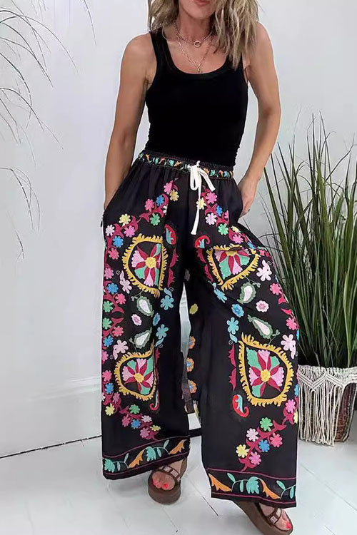Kathiadress Drawstring Faux Denim Printed Pocket Loose Casual Pants