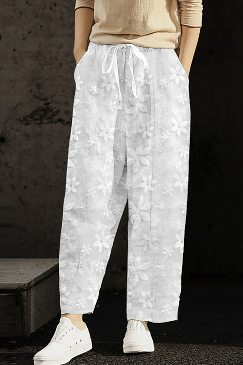 Kathiadress Embroidered Drawstring Cropped Elastic Waist Casual Pants