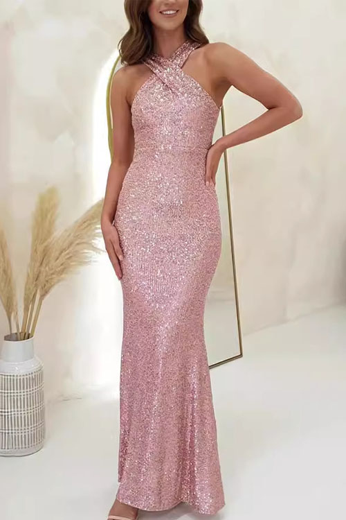 Kathiadress Multicolor Halter Sequin Beaded Gown Dress