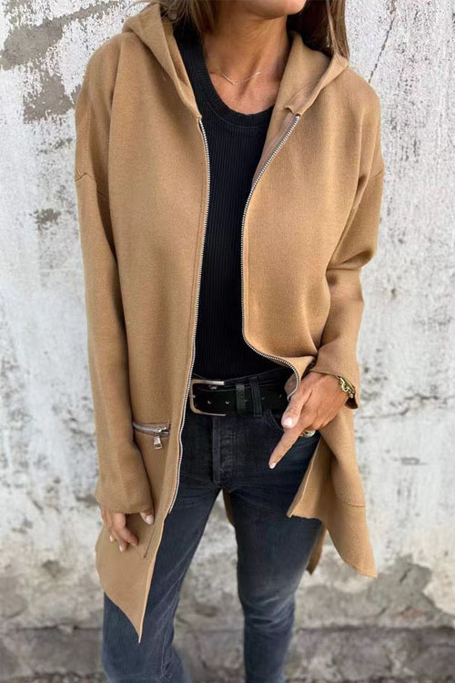 Kathiadress Autumn Winter Solid Color Casual Zip-Up Hooded Jacket