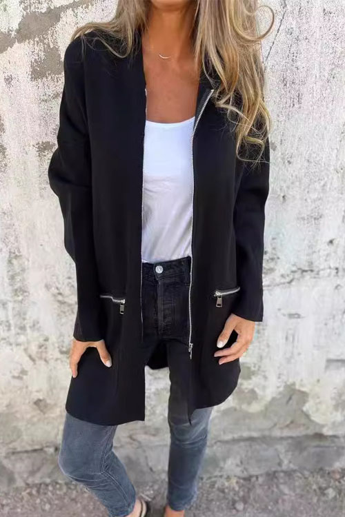 Kathiadress Autumn Winter Solid Color Casual Zip-Up Hooded Jacket