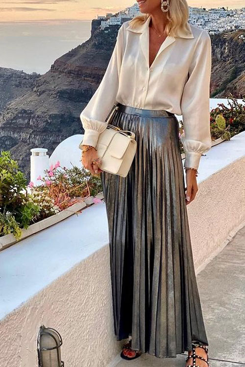 Kathiadress Satin long-sleeved shirt + metallic shiny skirt 