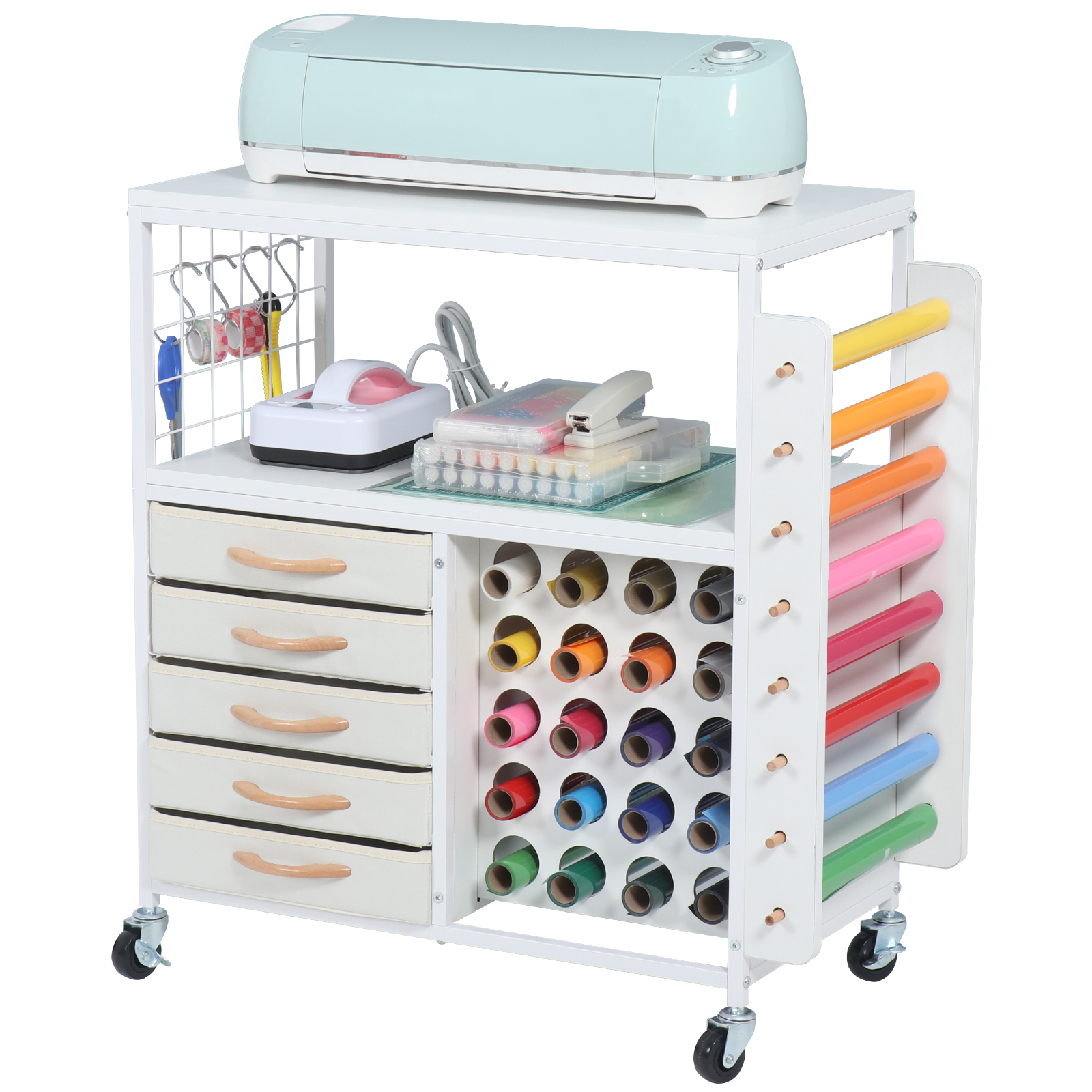 LUCKUP Organization and Storage Cart Compatible with Cricut Machines, Rolling Cart Cabinet with 28 Vinyl Roll Holders and 5 Drawers, Crafting Cabinet Table with Hooks for Craft Room Home