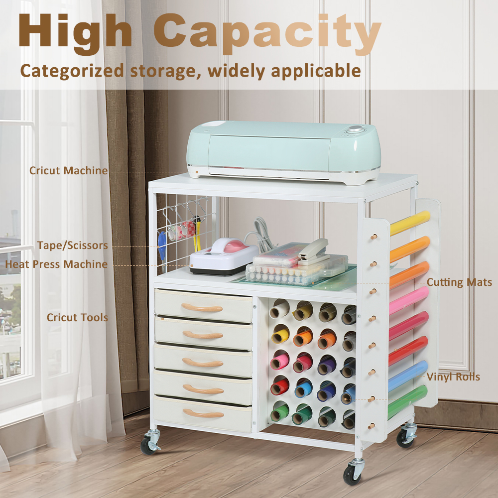 LUCKUP Organization and Storage Cart Compatible with Cricut Machines, Rolling Cart Cabinet with 28 Vinyl Roll Holders and 5 Drawers, Crafting Cabinet Table with Hooks for Craft Room Home