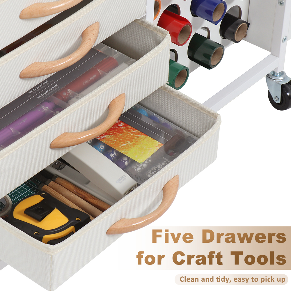 LUCKUP Organization and Storage Cart Compatible with Cricut Machines, Rolling Cart Cabinet with 28 Vinyl Roll Holders and 5 Drawers, Crafting Cabinet Table with Hooks for Craft Room Home