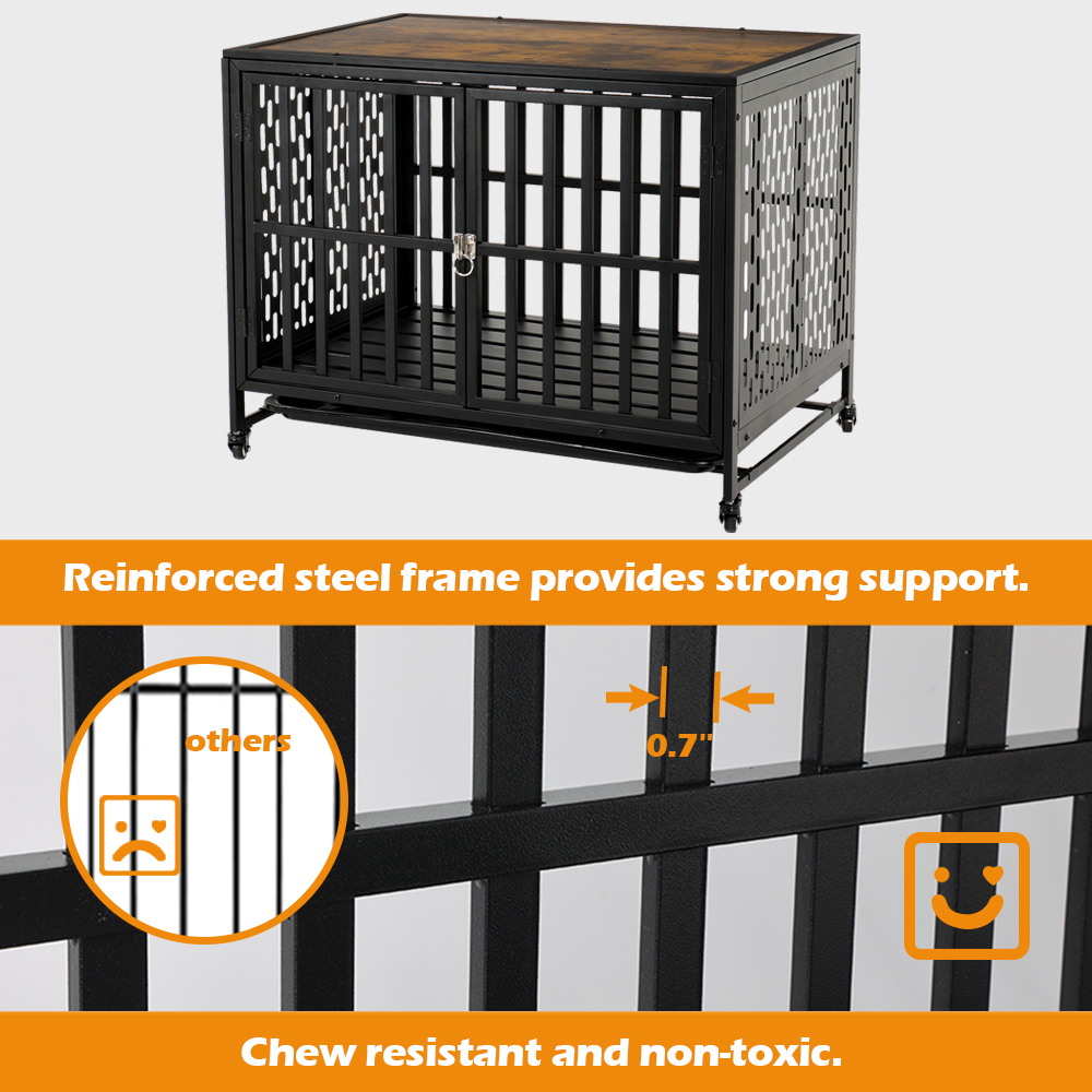 LUCKUP Heavy Duty Dog Crate Furniture for Medium and Large Dogs, Dog Kennel Indoor Dog Cage end Table, Wooden Metal Pet House with Trays, Lockable Wheels，38inch，Black