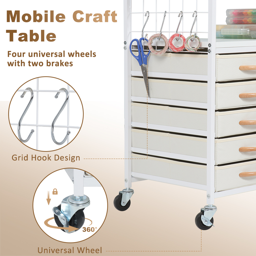 LUCKUP Organization and Storage Cart Compatible with Cricut Machines, Rolling Cart Cabinet with 28 Vinyl Roll Holders and 5 Drawers, Crafting Cabinet Table with Hooks for Craft Room Home