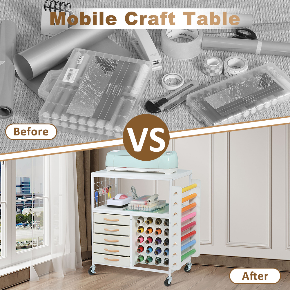 LUCKUP Organization and Storage Cart Compatible with Cricut Machines, Rolling Cart Cabinet with 28 Vinyl Roll Holders and 5 Drawers, Crafting Cabinet Table with Hooks for Craft Room Home