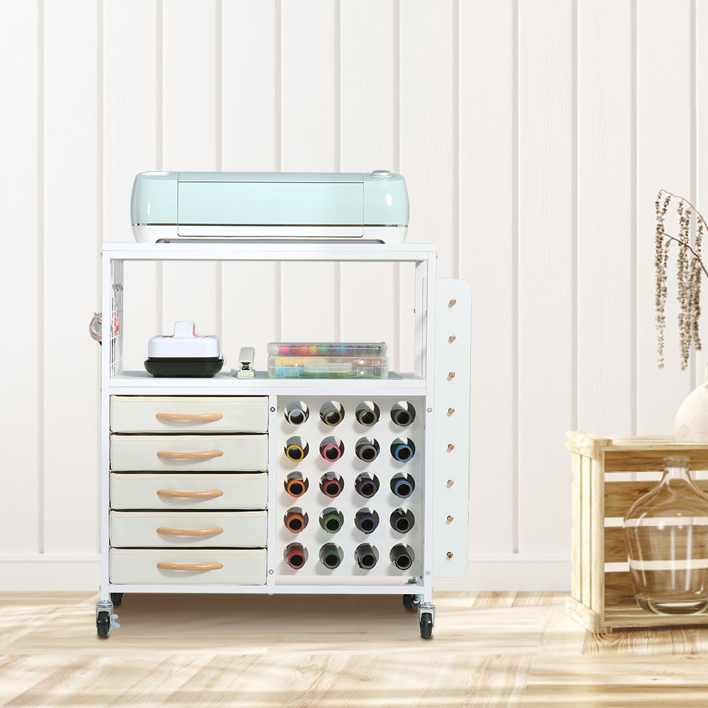LUCKUP Organization and Storage Cart Compatible with Cricut Machines, Rolling Cart Cabinet with 28 Vinyl Roll Holders and 5 Drawers, Crafting Cabinet Table with Hooks for Craft Room Home