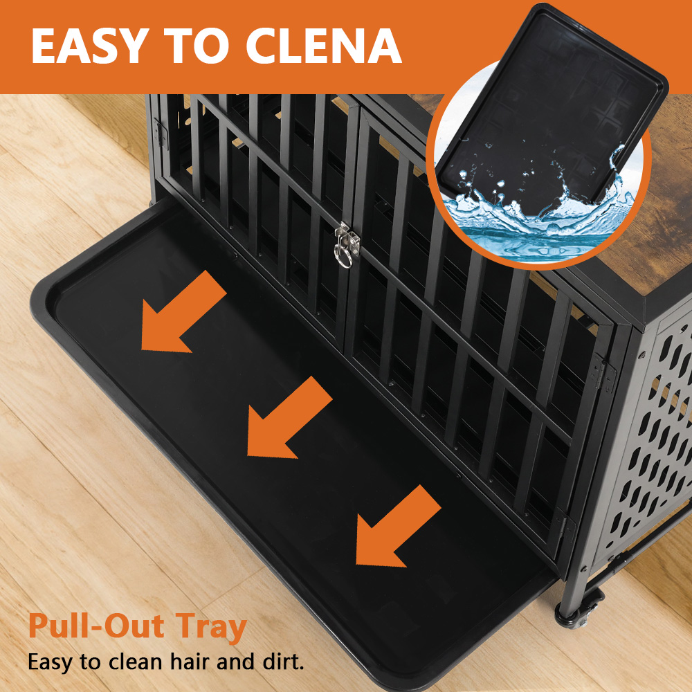 LUCKUP Heavy Duty Dog Crate Furniture for Medium and Large Dogs, Dog Kennel Indoor Dog Cage end Table, Wooden Metal Pet House with Trays, Lockable Wheels，38inch，Black