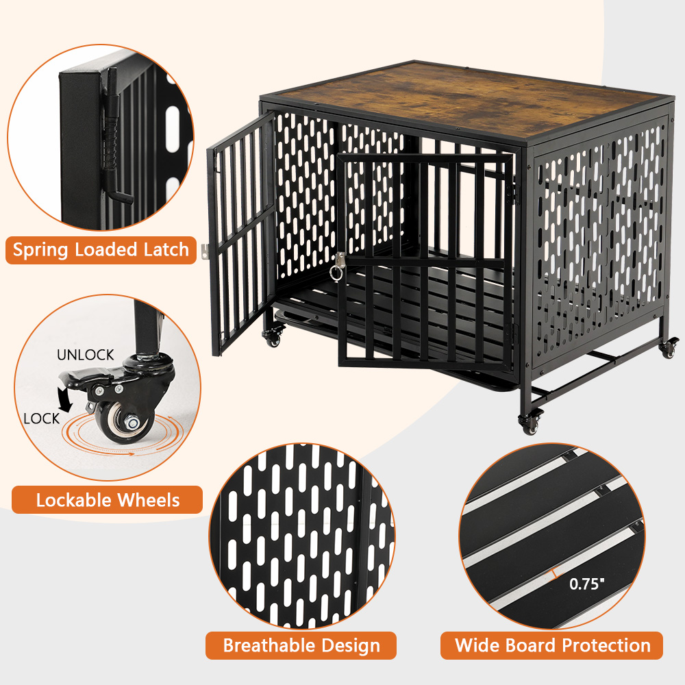 LUCKUP Heavy Duty Dog Crate Furniture for Medium and Large Dogs, Dog Kennel Indoor Dog Cage end Table, Wooden Metal Pet House with Trays, Lockable Wheels，38inch，Black