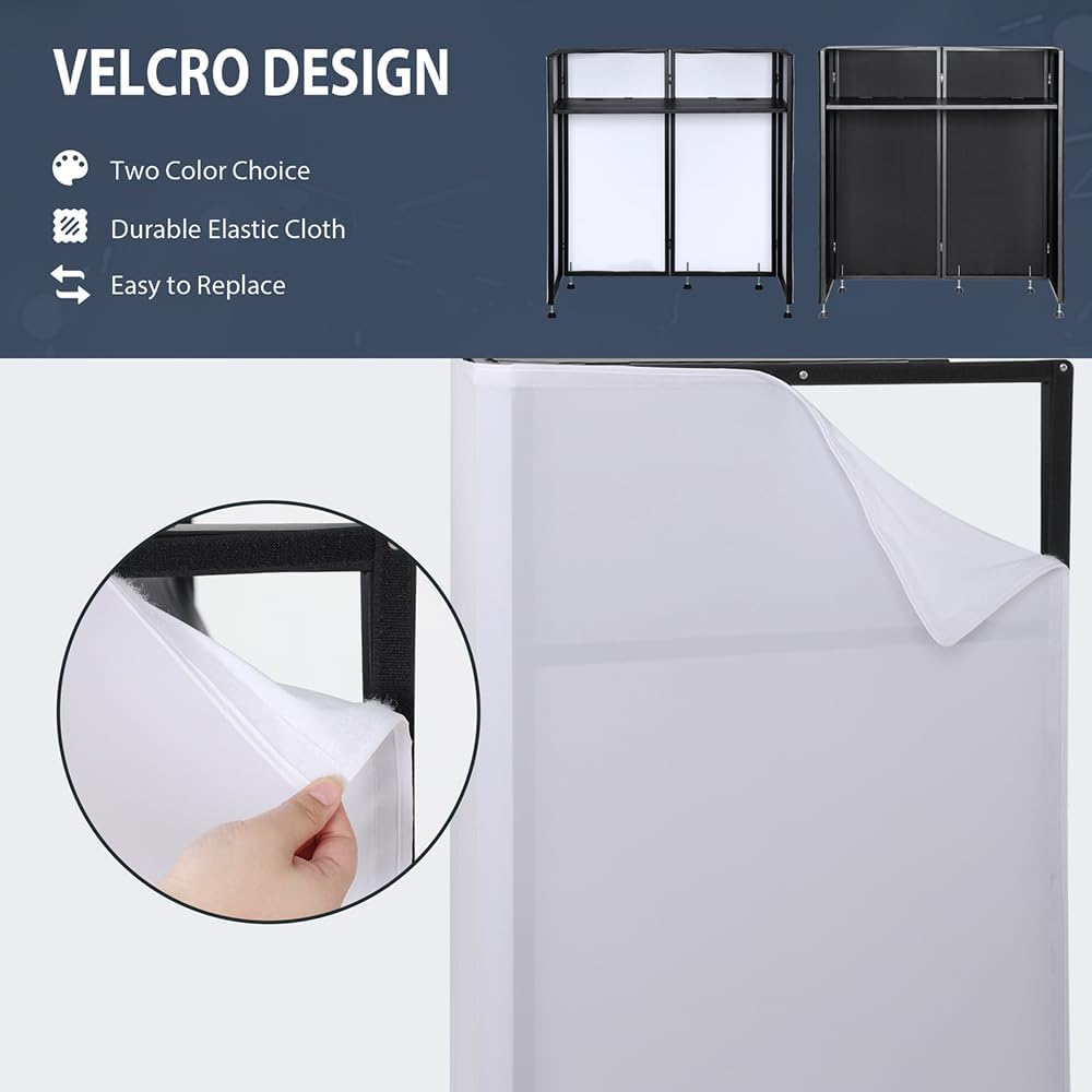LUCKUP Portable DJ Booth Facade with White & Black Scrim, Foldable DJ Table Station with Adjustable Feet for Party