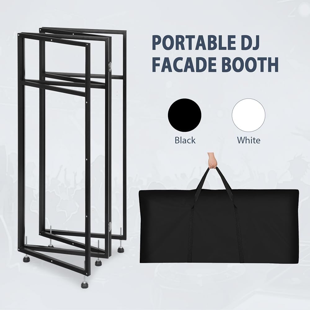 LUCKUP Portable DJ Booth Facade with White & Black Scrim, Foldable DJ Table Station with Adjustable Feet for Party