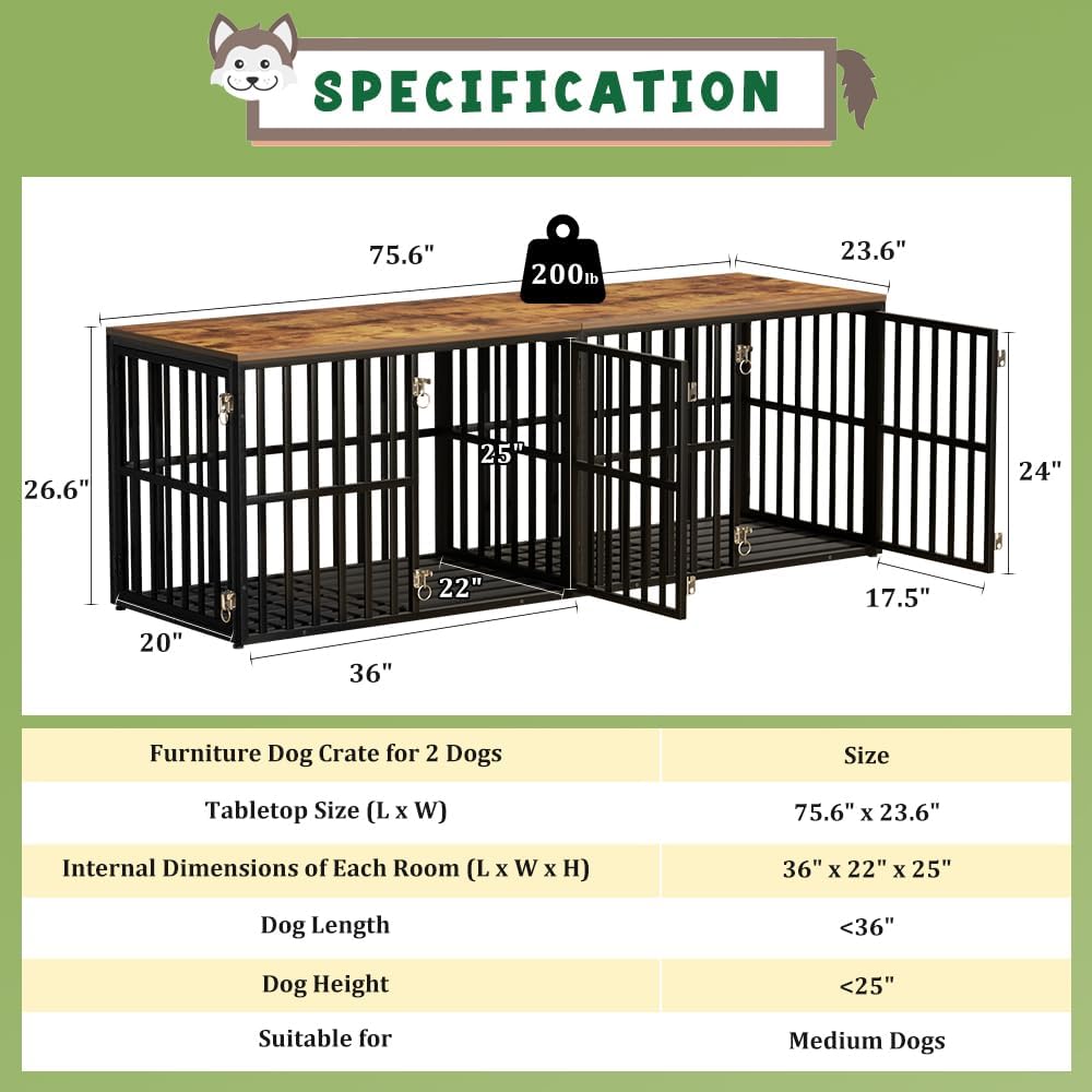 LUCKUP HEAVY DUTY DOG CAGE - Furniture with Divider and 4 Doors for 2 Dogs