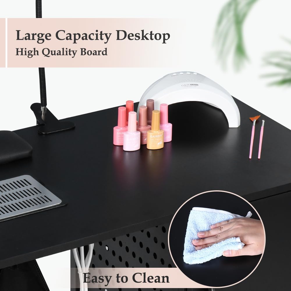 LUCKUP Manicure Table Nail Desk with Dust Collector & Charging Station, Nail Tech Table with 4 Large Drawers, LED Lamp, Lockable Wheels, Iron Frame Nail Station for Home, Spa Salon, Black