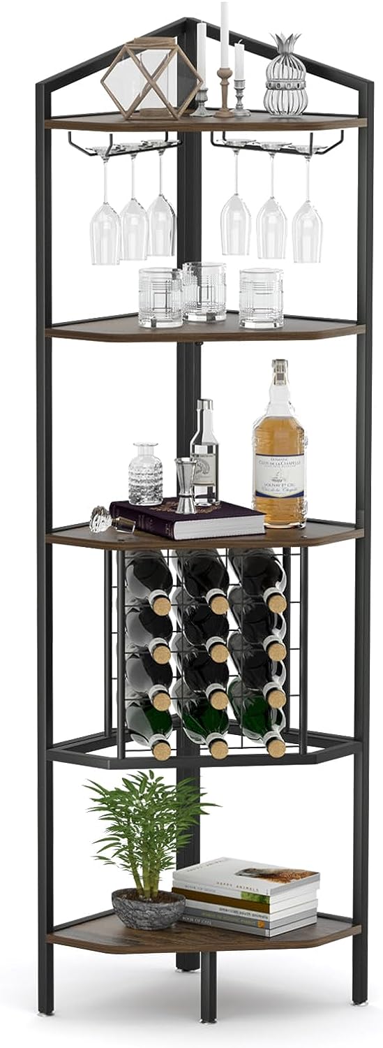 LUCKUP 5-Tier Corner Bar Cabinet, Corner Wine Rack with Glass Holder and Storage Shelf, Wine Racks Free Standing Floor for Dining Room, Kitchen, Rustic Brown