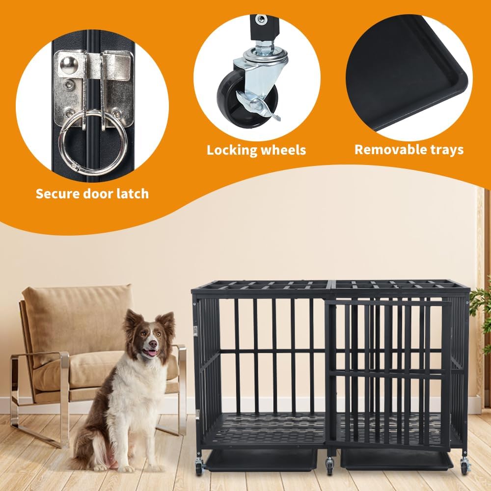 LUCKUP Heavy Duty Dog Cage 48" Extra Large Metal Dog Cage Kennel